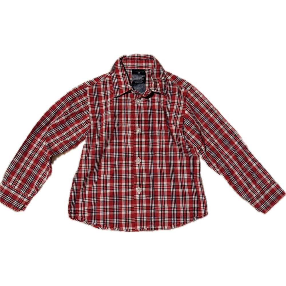 Tommy Hilfiger Toddler Boy Red White Blue Plaid Button Down Shirt 3T Long Sleeve
